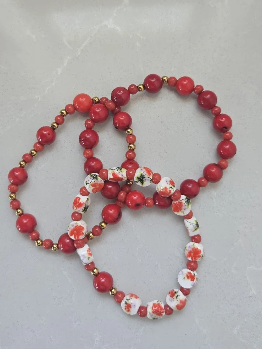 Handmade SemiPrecious Coral Stone And Vintage Ceramic Bead Stretch Bracelet Trio